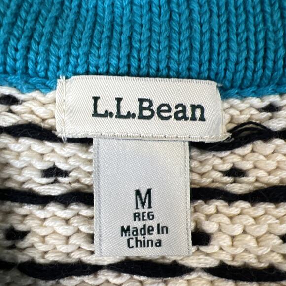 L.L. Bean Nordic Sweater Black Teal Cardigan Button Up Medium Cotton VTG Cabin - Picture 6 of 10